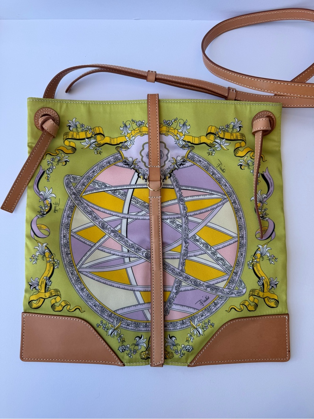Emilio Pucci Lime Green Silk-Panel Crossbody with Tan Leather Trim